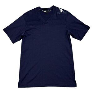 Y-3 Adidas Yohji Yamamoto Luxury Designer Streetwear V-Neck Blue Tee Shirt Small